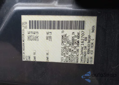 2010 Nissan Altima 2.5 S z USA, uszkodzony, nr VIN 1N4AL2AP4AC162707